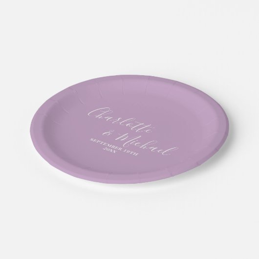 Lila Paarse Script minimalistische bruiloft Papieren Bordje (Gekanteld)