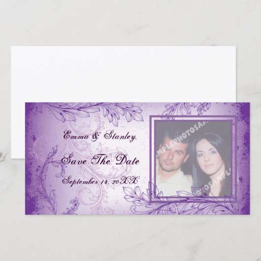  lila paarse scroll blad bruiloft fotokaart save the date (Voorkant / Achterkant)