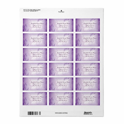  lila paarse scroll leaf bruiloft label (Full Sheet)