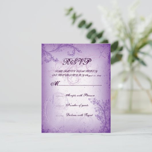  lila paarse scroll leaf bruiloft RSVP kaart (Staand voorkant)