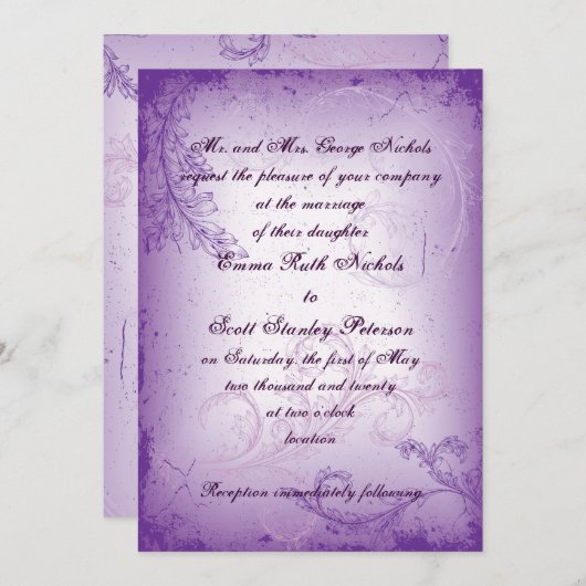  lila paarse scroll leaf bruiloft uitnodiging (Voorkant / Achterkant)