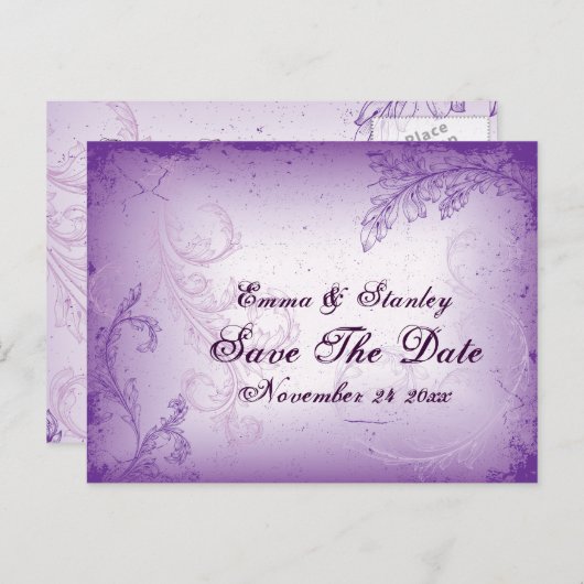  lila paarse scrollblad Sla de datum op Aankondigingskaart (Voorkant / Achterkant)
