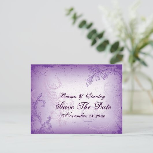  lila paarse scrollblad Sla de datum op Aankondigingskaart (Staand voorkant)