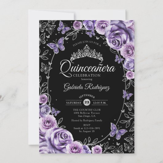 Lila Paarse Silver Black Quinceanera Kaart (Voorkant)