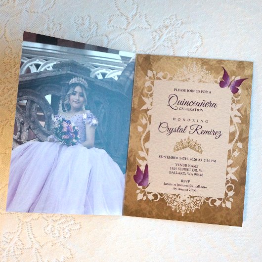 Lila Paarse Vlinders Quinceanera Uitnodiging