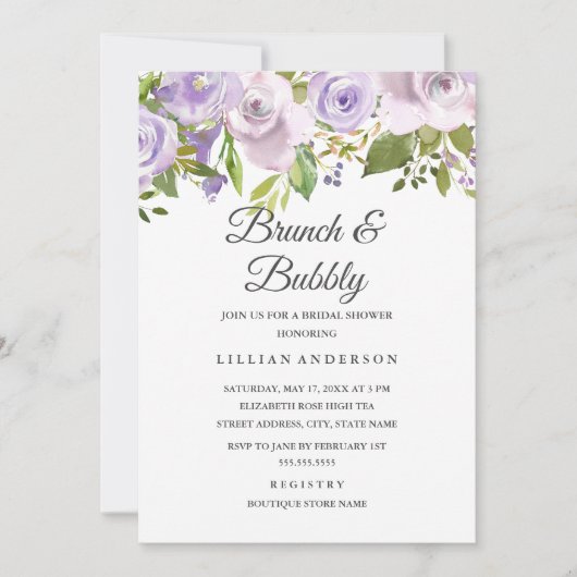 Lila Paarse Waterverf bloemenbrunch en bubbels Kaart (Voorkant)