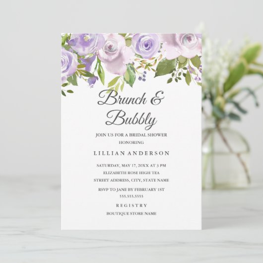 Lila Paarse Waterverf bloemenbrunch en bubbels Kaart (Staand voorkant)