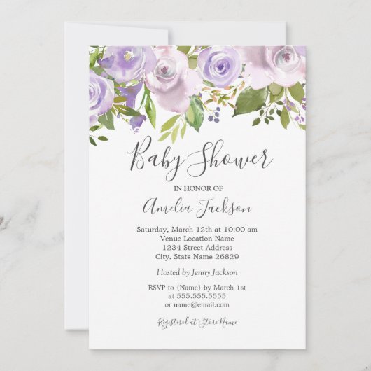 Lila Paarse Waterverf Floral Baby shower Kaart (Voorkant)