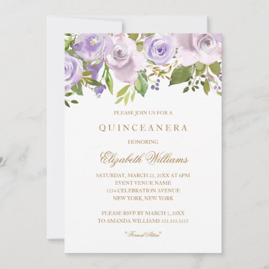Lila Paarse Waterverf Floral Quinceanera nodigt ui Kaart (Voorkant)