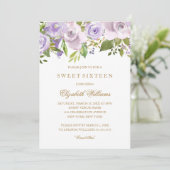 Lila Paarse Waterverf Floral Sweet Sixteen Kaart (Staand voorkant)