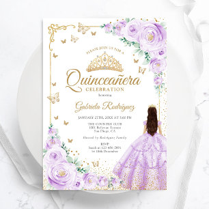 Lila Paarse Waterverf Rozen Gold Quinceanera Kaart