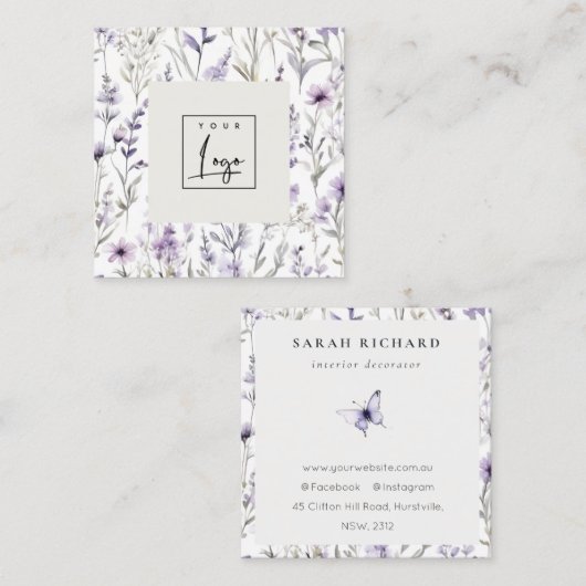 Lila Paarse Wildflower Vlinder Waterverf Logo Vierkante Visitekaartje (Voorkant / Achterkant)