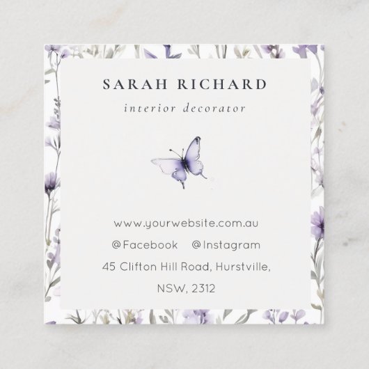 Lila Paarse Wildflower Vlinder Waterverf Logo Vierkante Visitekaartje (Achterkant)