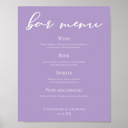 Lila Paarse Witte Typografie Wedding Bar Menu Poster (Voorkant)
