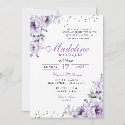 Lila Paarse Zilveren Bloemen Quinceanera Kaart (Voorkant)