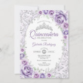 Lila Paarse Zilveren Bloemen Quinceanera Kaart (Voorkant)