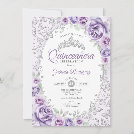 Lila Paarse Zilveren Bloemen Quinceanera Kaart (Voorkant)