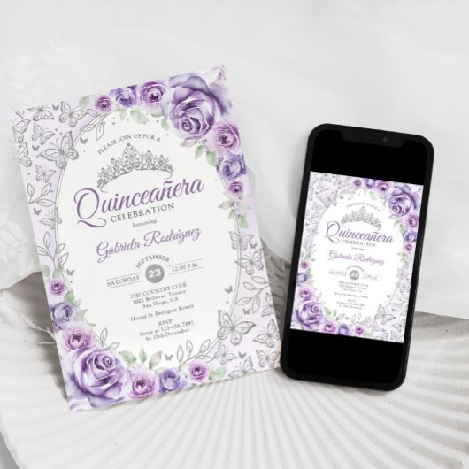 Lila Paarse Zilveren Bloemen Quinceanera Kaart