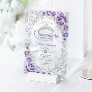Lila Paarse Zilveren Bloemige Quinceanera Acryl Uitnodigingen