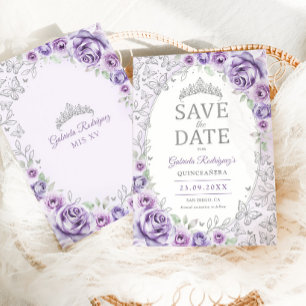 Lila Paarse Zilveren Bloemige Quinceanera Save The Date