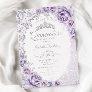 Lila Paarse Zilveren Bloemstuk Quinceanera Folie Uitnodiging