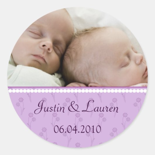 Lila parel tweeling aankondiging sticker (Voorkant)