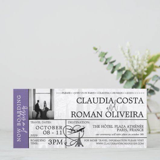 Lila Paris bruiloft instapkaart uitnodiging (Staand voorkant)