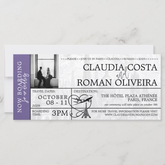 Lila Paris bruiloft instapkaart uitnodiging (Voorkant)