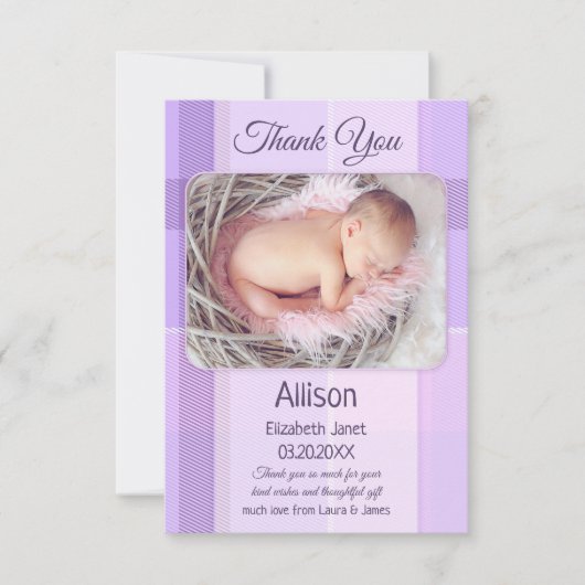 Lila Pastel Pset Baby Foto bedankt (Voorkant)