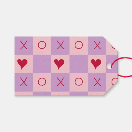 Lila Pastel Roze XO hart Geruit Cadeaulabel (Voorkant (Horizontaal))
