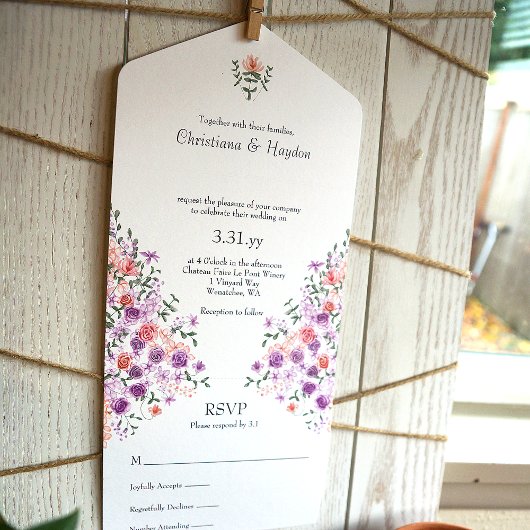 Lila & Peach Rose Bouquet bruiloft All In One Uitnodiging