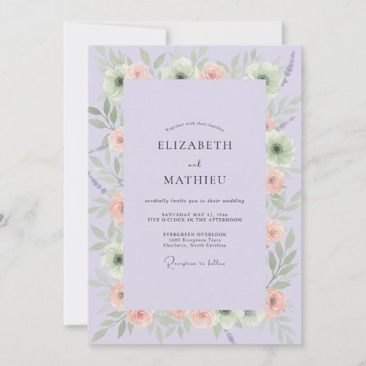 Lila Perzik Ranunculus Eucalyptus Bruiloft Kaart (Voorkant)