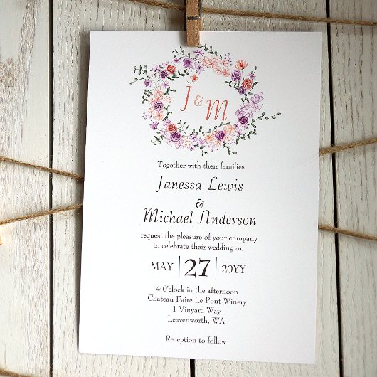 Lila & perzik Roos krans bruiloft Kaart