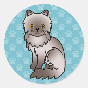 Lila Perzische Kat Cartoon Tekening Op Blauwe Acht Ronde Sticker