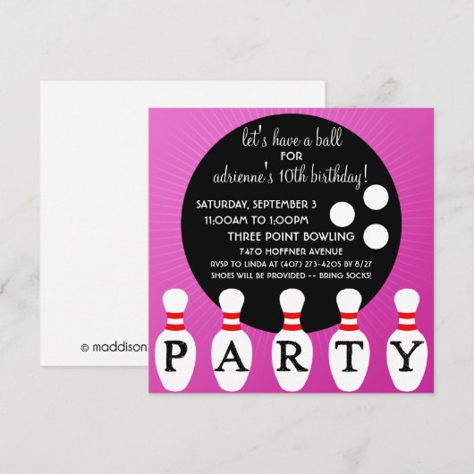 Lila Pin Party Bowling Birthday Party Kaart (Voorkant / Achterkant)