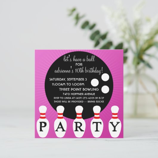 Lila Pin Party Bowling Birthday Party Kaart (Staand voorkant)