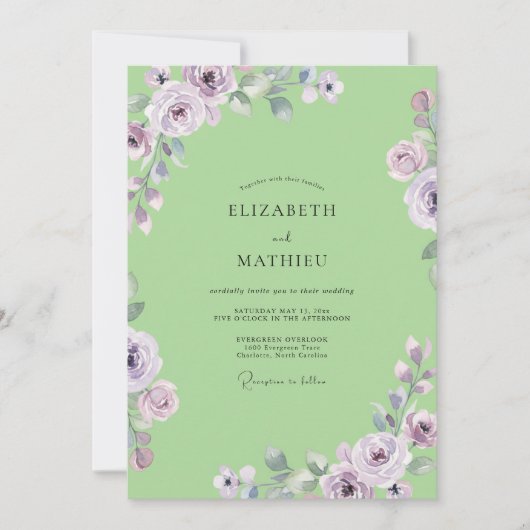 Lila Pistache Ranunculus Eucalyptus Bruiloft Kaart (Voorkant)