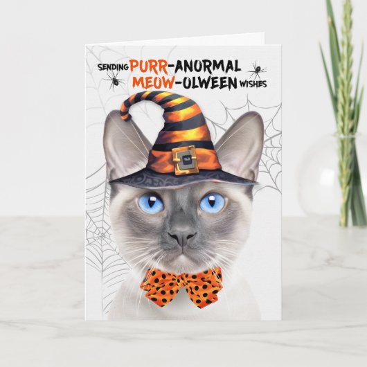 Lila Punt Siamese Kat PURRanormal MEOWolween Feestdagen Kaart (Voorkant)
