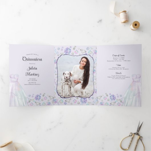 Lila Quinceanera Diamonds Princess Dress Photo Drieluik Uitnodiging (Binnen)