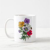 Lila rode witte gele mazen en groene bladeren koffiemok (Links)