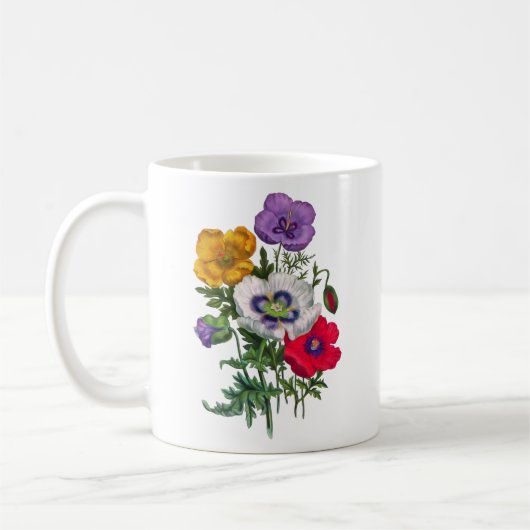 Lila rode witte gele mazen en groene bladeren koffiemok (Links)