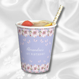 Lila Roze Bloemen Meisje Vlinder 1e Verjaardag Papieren Bekers
