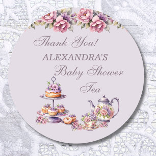 Lila Roze Bloemen Tea Party Baby shower Favoriet Ronde Sticker