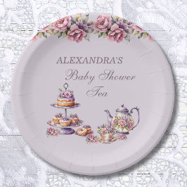 Lila Roze Bloemen Tea Party Baby shower Papieren Bordje