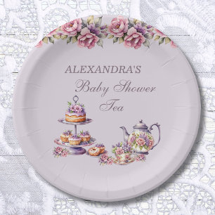 Lila Roze Bloemen Tea Party Baby shower Papieren Bordje