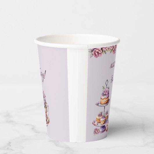 Lila Roze Bloemen Tea Party Vrijgezellenfeest Papieren Bekers (Rechts)