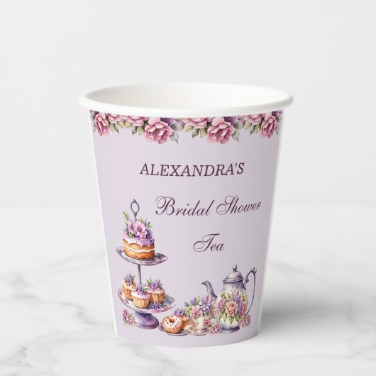 Lila Roze Bloemen Tea Party Vrijgezellenfeest Papieren Bekers (Voorkant)