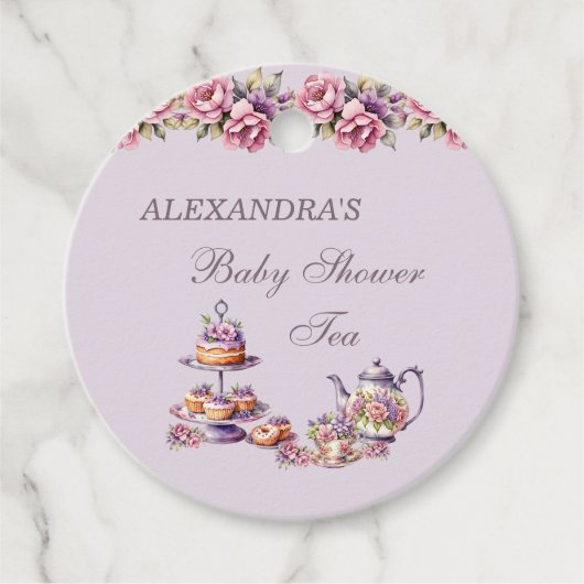 Lila Roze Bloemen Thee Baby shower Dank u Bedankjes Labels (Voorkant)