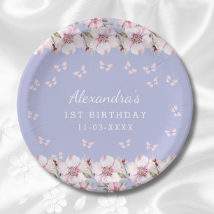 Lila Roze Bloemen Whimsical Butterfly 1e Verjaarda Papieren Bordje