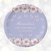 Lila Roze Bloemen Whimsical Butterfly 1e Verjaarda Papieren Bordje